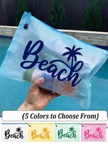 多色防水時尚網格海灘包，附「Beach」椰子樹印花化妝包，海灘主題，大容量透明化妝包 - 彩色 - 查看 2