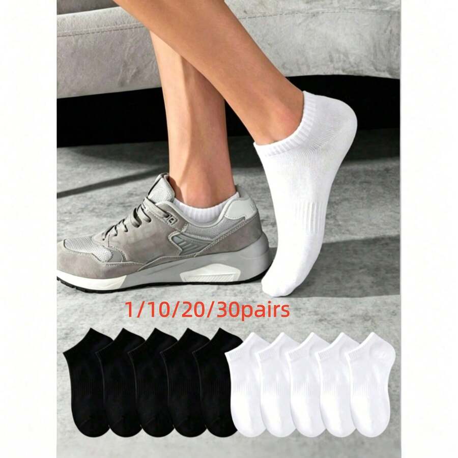 1/10/20/30 Pairs Men's Black, White And Gray Sports Socks, Boat Socks, Suitable For Sports, Fashion, Minimalist Short Socks, Classic Solid Color, Minimalist - Multicolor - View 1