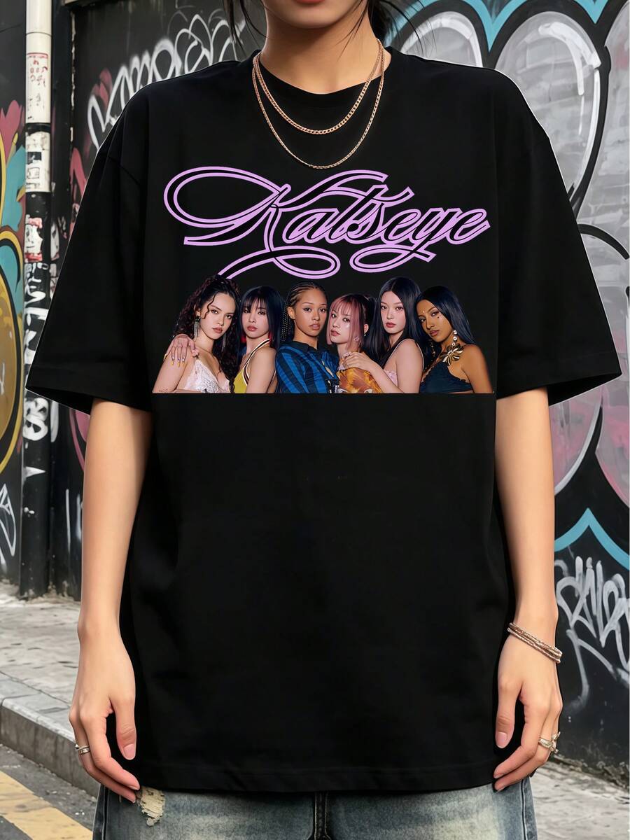 Katseye Cursive Logo Girl Group T-Shirt. Soft Fabric, Loose-Fitting, Everyday Casual T-Shirt. - Black - View 1