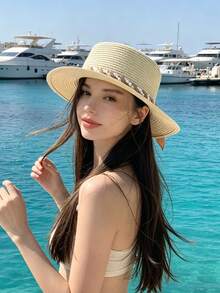 1件女款蝴蝶結蜜蜂圖案戶外遮陽帽，百搭平頂沙灘遮陽帽，優雅英倫風，適合夏季旅行與購物。若產品變形，可用熨斗將其壓平。 - A - 查看 20