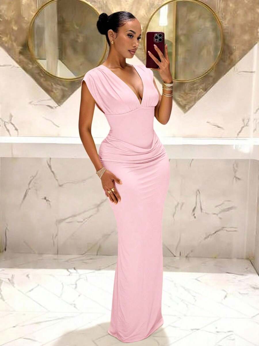 MSSlaydiva Vestido corto sexy de escote en V de color amarillo pálido/crema elegante, para fiesta, sexy, vacaciones, cita, Día de San Valentín - AMS2-15 8KLB - Rosa - Ver 1