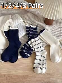 1/2/4/8 pares de calcetines deportivos a rayas - Calcetines de pantorrilla, calcetines de compresión para mujer, calcetines para mujer, calcetines blancos, calcetines divertidos, calcetines locos, calcetines minimalistas de media pantorrilla, diseño azul marino y blanco, tela suave y cómoda, alta elasticidad, absorción de humedad, duraderos, zapatos de verano para mujer, zapatos deportivos, adecuados para uso diario casual y deportes, adecuados para primavera, verano, otoño, invierno, accesorios a juego para la vuelta a la escuela - Multicolor - Ver 2