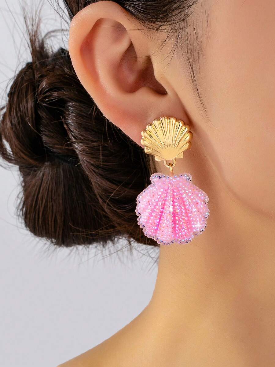 1 Pair Ocean Series Candy Color Dopamine Resin Patch Shell Earrings For Daily, Party, Vacation Wear - Pink - View 1