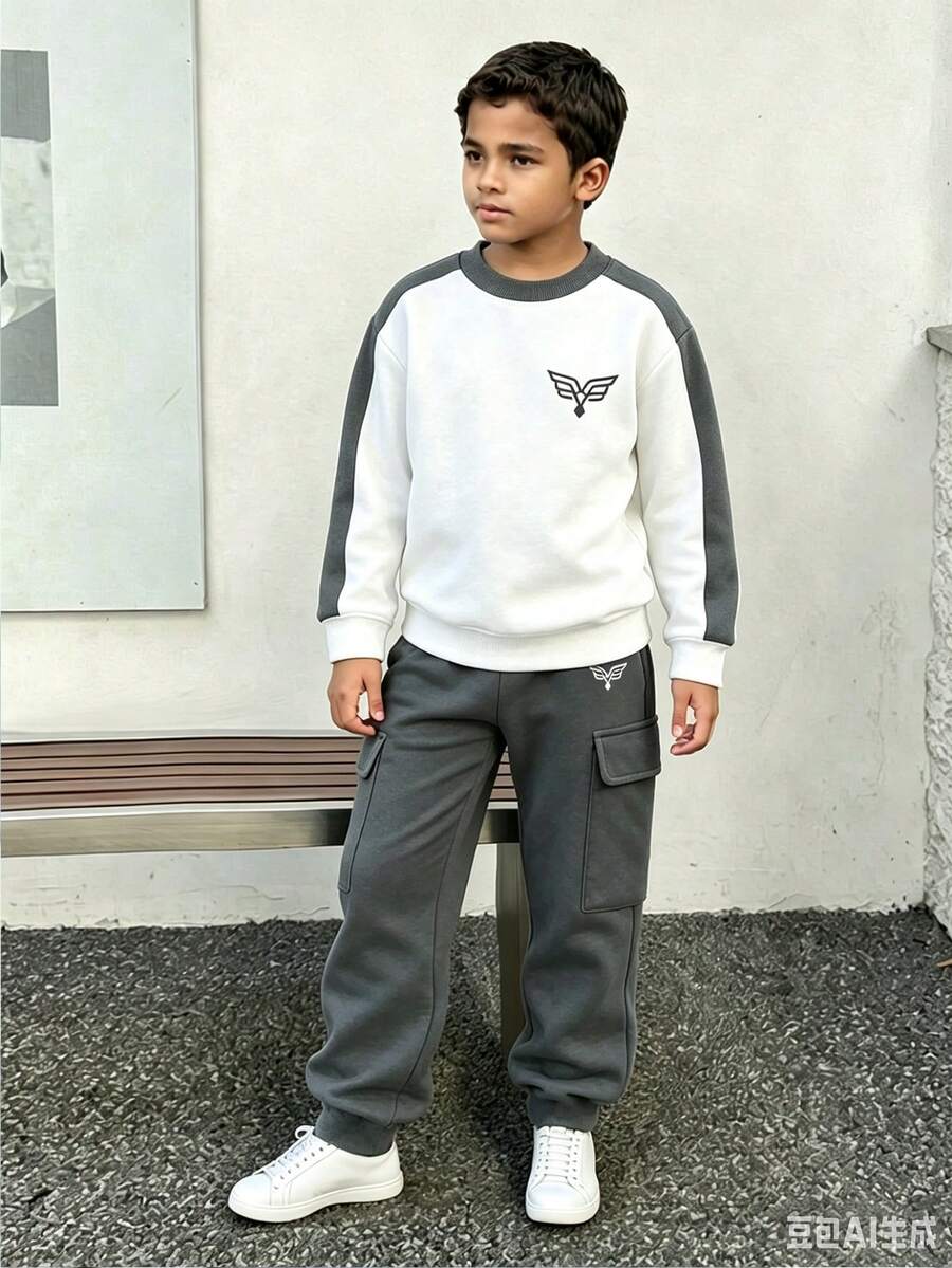 Tween Boy Cartoon Graphic Warm Crew Neck Sweatshirt And Pants Set - White - View 1