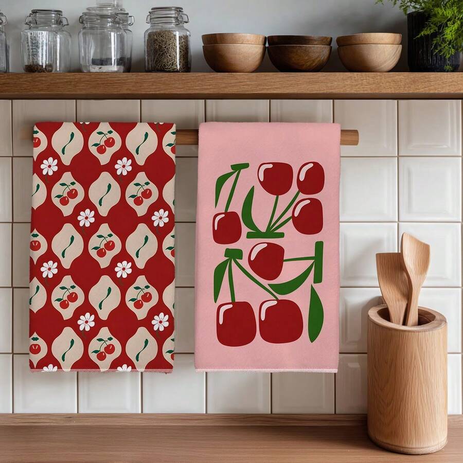 2PCS Kitchen Towel, Cherry Pattern Printed, Modern Minimalist Style 40*60cm Rectangular Microfiber Kitchen Towel, Dish Cloth, Table Cloth, Hand Towel, Kitchen Decor, Home Decor, Neighbor Housewarming Gift, Kitchen Napkin And Dish Cloth, Home Decor - Red - View 1