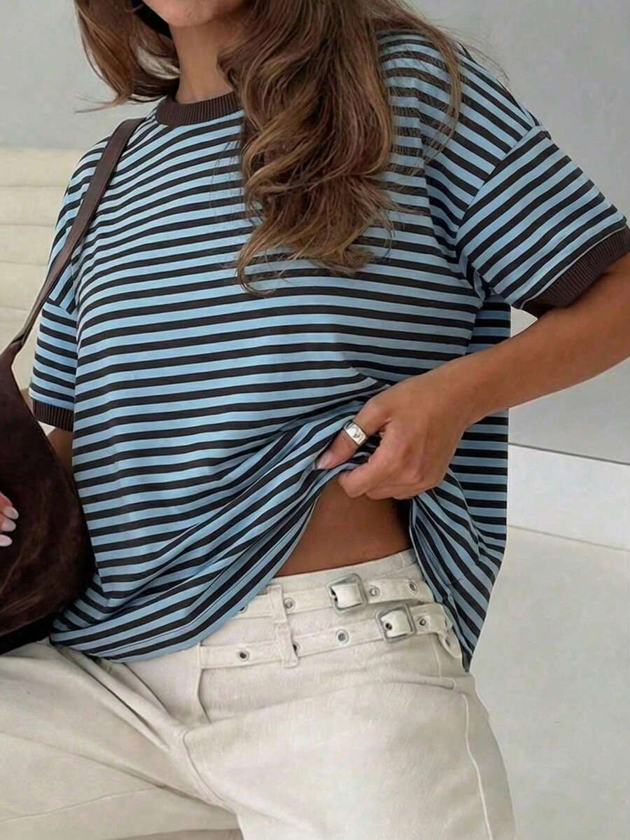 GLAMSKIN Women's Summer/Autumn Basic Striped Round Neck Loose Short Sleeve T-Shirt, Solid Color Minimalist Casual Top, Suitable For Back To School, Outings, Streetwear, Work Commute - Blue and Brown Stripes - View 1