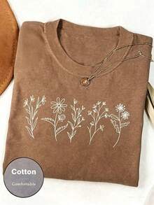 Women Floral Print Crew Neck Loose Casual T-Shirt, Short Sleeve Cheap Clothes Camiseta 100 Percent Cotton Clothing Women - 摩卡棕 - 查看 5