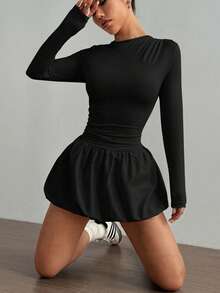 Vestido Manga Larga Elástico Ajustado Volantes 2026 - Negro - Ver 3