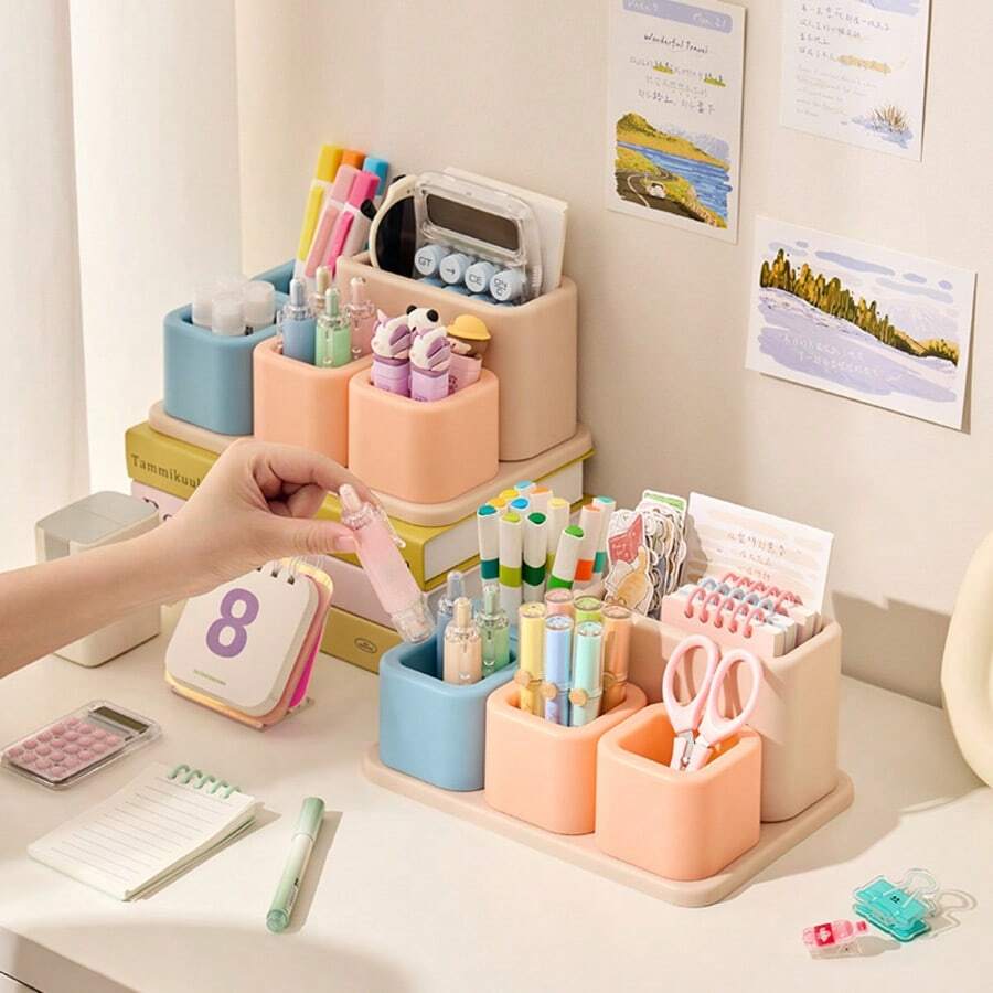 Desktop Pencil Holder, Cosmetic Storage Box, Pencil Desktop Organizer, Stationery Supplies Organizer, Cute Pencil Cup Pot, Suitable For Office, School, Art Supplies, Back To School Supplies, School Supplies, First Day Of School - Multicolor - View 1
