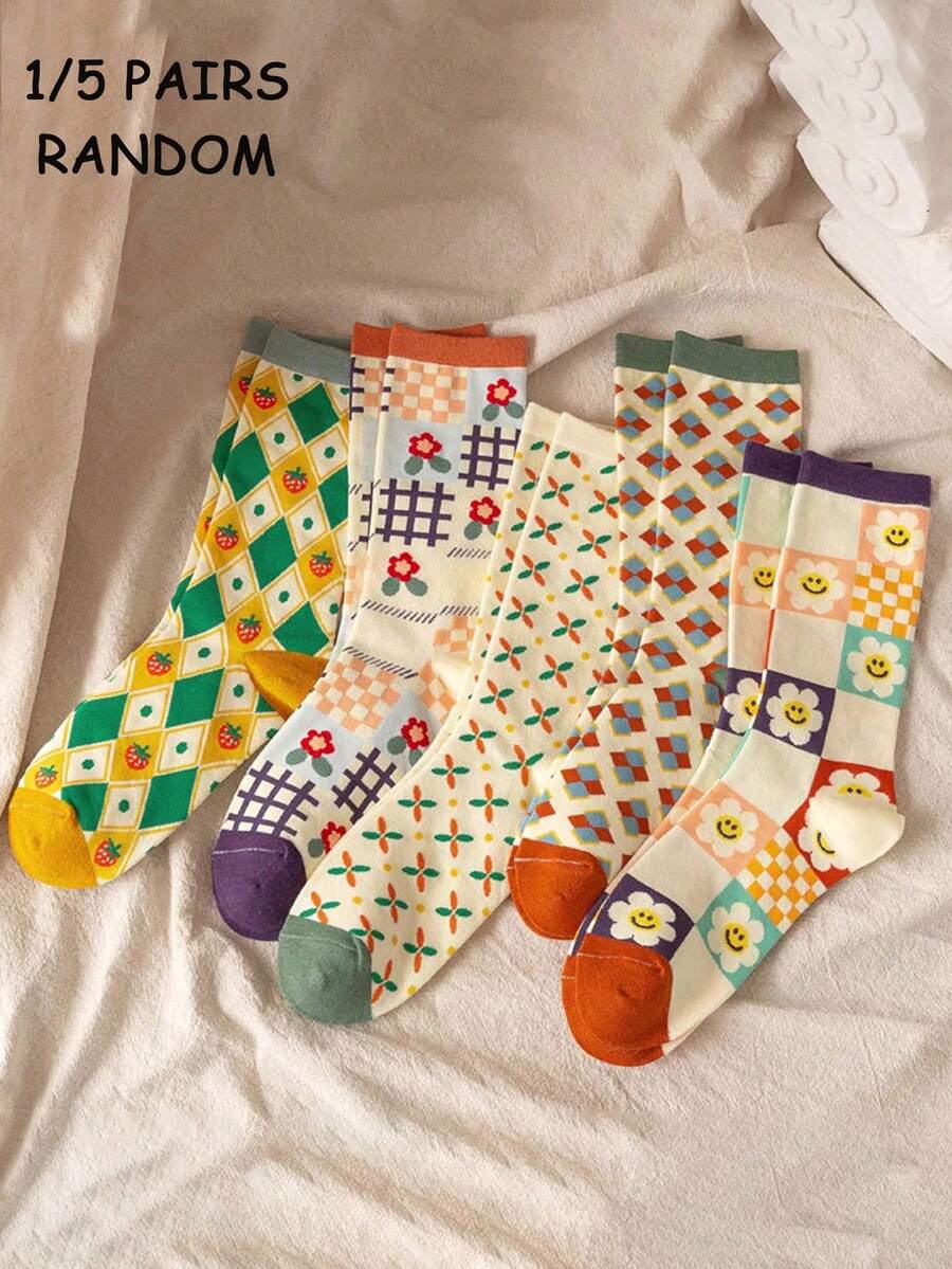 1-5 Pairs Of Women's Fashion Contrasting Color Rhombus, Cute Cartoon Flower & Strawberry Pattern Socks, Casual Versatile For Daily Wear - Multicolor - View 1
