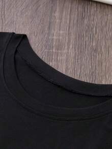 Camiseta de manga corta con estampado de doble cara con temática de café, estilo casual y cuello redondo, ropa de mujer. - Negro - Ver 2