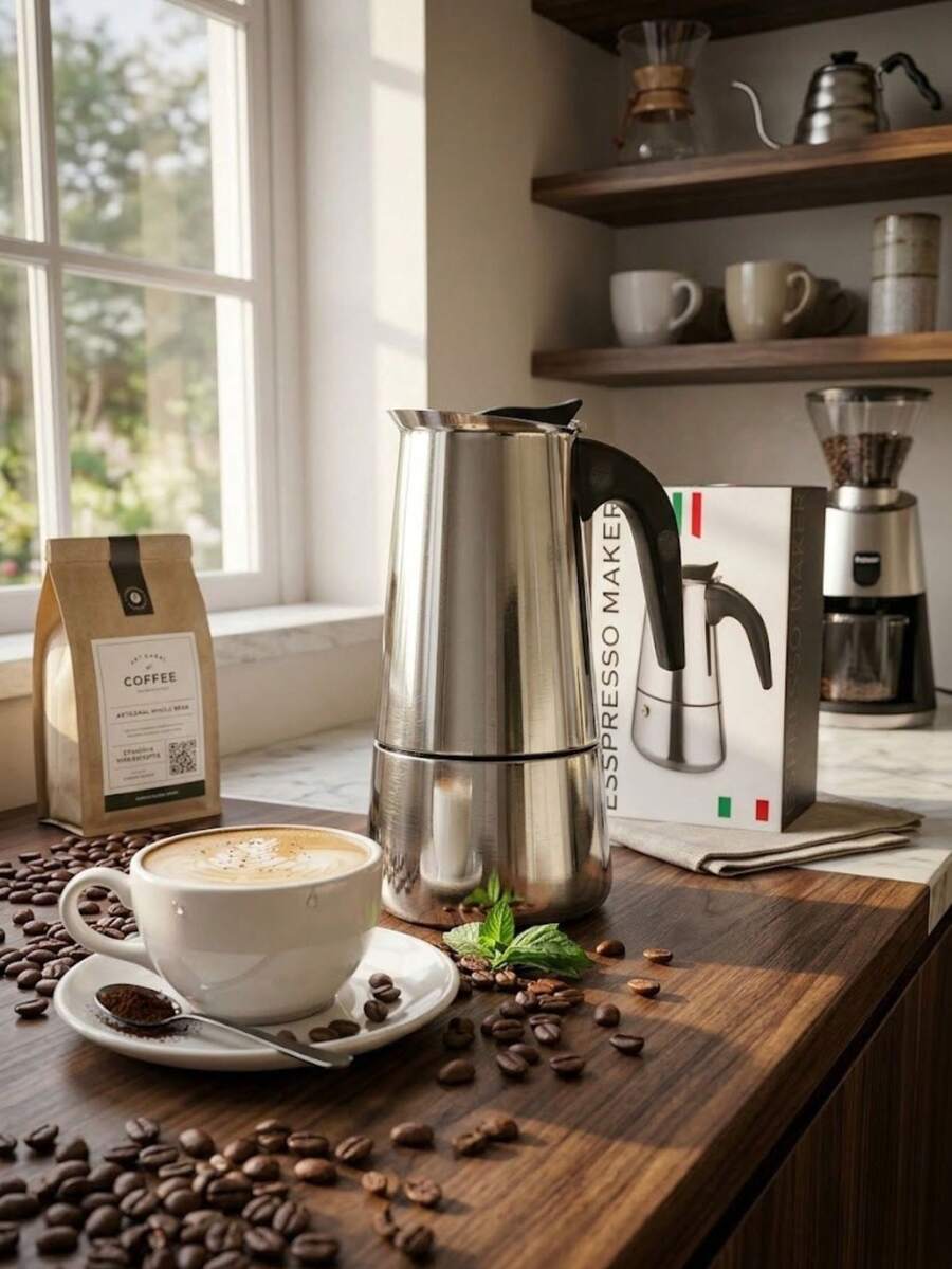 摩卡壶，4 杯（7.05 盎司）炉灶式意式咖啡壶，304 不锈钢材质，适用于电磁炉，银色 - 彩色 - 查看 1