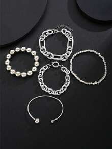 Set Gelang Rantai Tebal Gaya Punk Vintage 5 Buah, Kombinasi Rantai Cincin Logam, Kombinasi Desain Tali, Ular, dan Berpilin, Gelang Berlapis-lapis, Cocok untuk Pemakaian Sehari-hari, Hadiah Hari Ibu - Perak - View 5