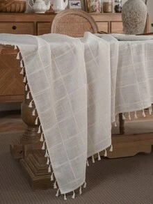 Bubaba Farmhouse Textured Plaid Tassel Tablecloth, Linen-Feel Rectangular Dining Table Cover, French Country Kitchen And Dining Room Decor - Multicolor - View 4