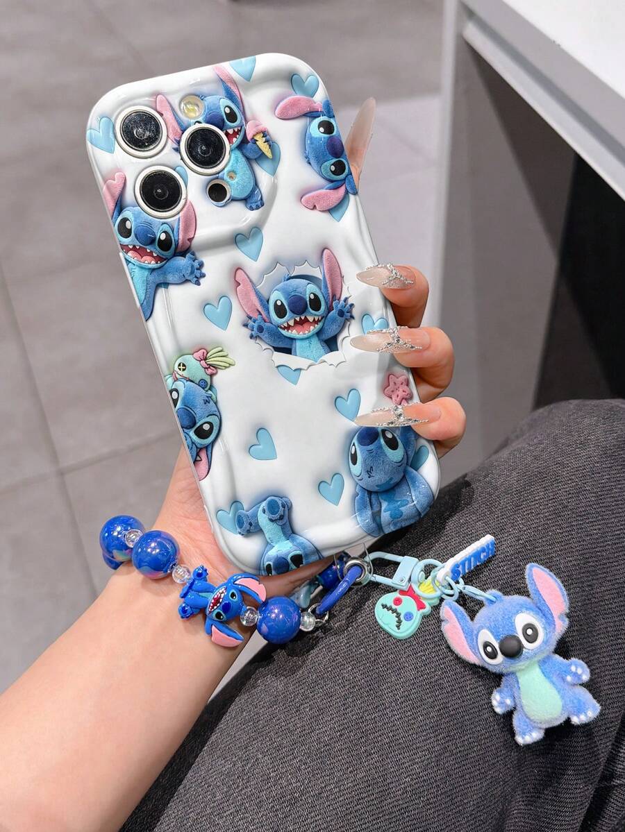 Disney Has Authorized, Phone Case - Chain Set, The Stitch Lilo & Stitch 3D Phone Case Plus A Silicone 3D Stitch Bracelet With Metallic Ring Removable Bracelet, Stitch And Angel Pattern, Compatible With Iphone17/16/15/14/13/12/11/XS/XR/X Plus Pro Max, A Stylish Cartoon Phone Case, The Perfect Gift Choice, Phone Protection, Durable Phone Cover, Great Gift For Friends And Family. - White - View 1