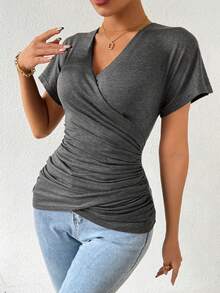 Women's Short-Sleeved T-Shirt With V-Neck And Ruching - 灰色 - 查看 1