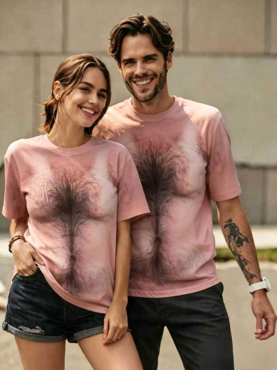 Men's 3D Digital & Abstract Chest Hair Print Short Sleeve T-Shirt, Casual Streetwear Fashion, Crew Neck - Multicolor - View 1