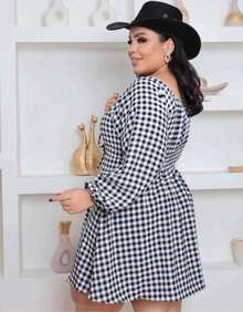 Women's Plus Size Loose-Fitting Checkered Jumpsuit Dress - Black and White - View 3