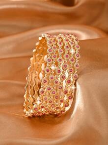 6pcs Fashionable Rhinestone Inlaid Bracelet Set,Alloy Bangles For Women's Daily Wear,Traditional Middle East Wedding Jewelry Accessories - 6pcs - View 5