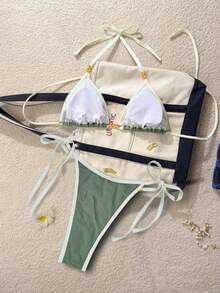 Lucky Girl 夏季新款 春夏女款海灘度假黑色鋼球抽繩兩件式泳衣套裝 - 綠底白邊 - 查看 3