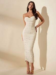 xheSHEIN  Vestido de verano ajustado al Body, sin tirantes con cuentas, dulce y favorecedor en color verde salvia para mujerxhe - Albaricoque - Ver 1