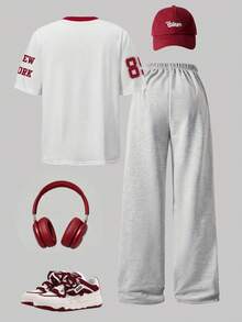 Tween Girl Letter Print V-Neck Short Sleeve T-Shirt And Wide Leg Pants Casual Outfit, Back To School - White - View 2