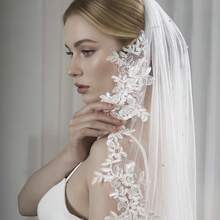 1pc Exquisite Romantic Personalized Elegant Luxurious Long Cathedral Length 300cm Lace Trim Pearl Bridal Veil With Hair Comb - Multicolor - View 7