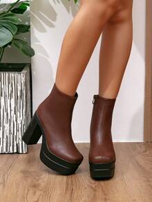 Botas de moda para mujer Otoño/Invierno Nuevo estilo con hebilla única Botas estilo británico Botines Tacón grueso Versátil Tacón alto Suela gruesa Zapatos para mujer - Marrón - Ver 5