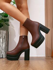 Botas de moda para mujer Otoño/Invierno Nuevo estilo con hebilla única Botas estilo británico Botines Tacón grueso Versátil Tacón alto Suela gruesa Zapatos para mujer - Marrón - Ver 3