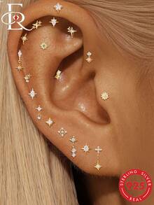 EleRunis 1 pieza de joyería fina de plata de ley 925 con forma de estrella, piercing de cartílago hélix con rosca y base plana, para uso diario, boda, fiesta y compromiso - Dorado - Ver 12