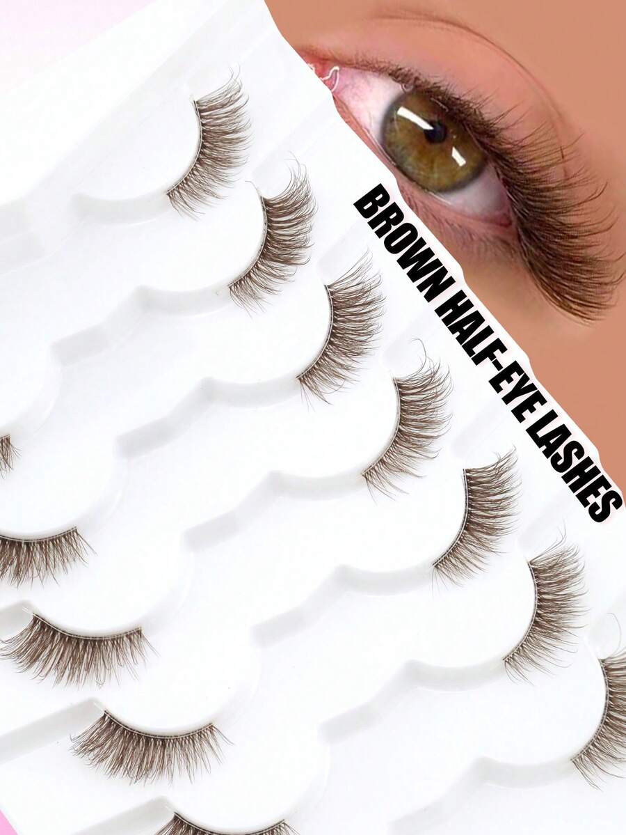7 Pairs Brown Half-Eye Thick Curly Natural Fluffy Faux Invisible Band Real Eyelash Eye Tail Lengthening Faux Mink Hair Lightweight Comfortable One-Piece Beginner Wear False Eyelashes - View 1