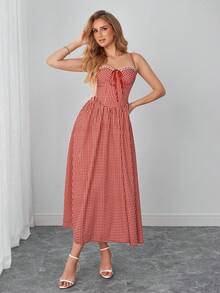PARTHEA Casual Red Gingham Midi Dress With Pockets For Women, Lace Trim V Neck Front Tie Adjustable Strap Smocked Back Flowy A Line Sundress - Red - View 4