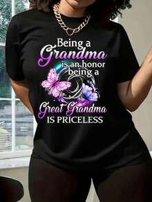 Women's Grandma T-Shirt - With The Phrase "Being A Grandmother Is An Honor, Being An Older Grandmother Is Priceless" And Butterfly Graphic, Comfortable Men's T-Shirt, Crew Neck, Ultra Soft, Translucent - 黑 - 查看 1