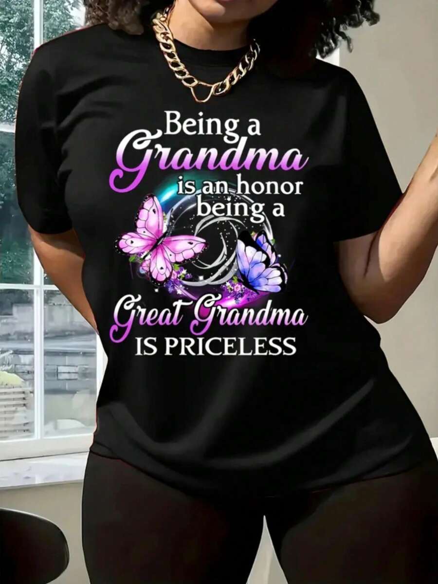 Women's Grandma T-Shirt - With The Phrase "Being A Grandmother Is An Honor, Being An Older Grandmother Is Priceless" And Butterfly Graphic, Comfortable Men's T-Shirt, Crew Neck, Ultra Soft, Translucent - 黑 - 查看 1