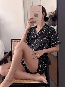Bisouelle Polka Dot Print Casual Versatile Short Sleeve Shirt And Shorts Button Set - Black and White - View 9