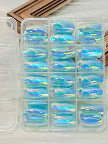 144片極光幻彩藍色穿戴式美甲貼片，中號方形全覆蓋亮面全息極光假指甲尖，亮面反光假指甲，適用於Y2K與美人魚美甲，適合夏季與節慶 - 彩色 - 查看 10