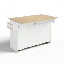 Mobile Kitchen Island With Folding Worktop, Serving Trolley And Storage Cabinet, With 2-Tier Vertical Drawers, 2 Large Drawers And Lockable Casters, 120 * 45 (70) * 92 Cm. - Natural Color - View 9