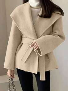 Women's Elegant Fashionable Lapel Wool Blend Overcoat, Solid Color Woven Fabric, Pockets, Elegant Airport, Daily Office, Date, Autumn/Winter Fall - Apricot - View 1