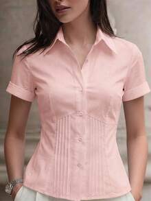 Áo blouse nữ mặc thường ngày màu trơn tay ngắn xếp ly ôm dáng cho mùa hè - Màu Hồng  Dưa hấu - Xem 1