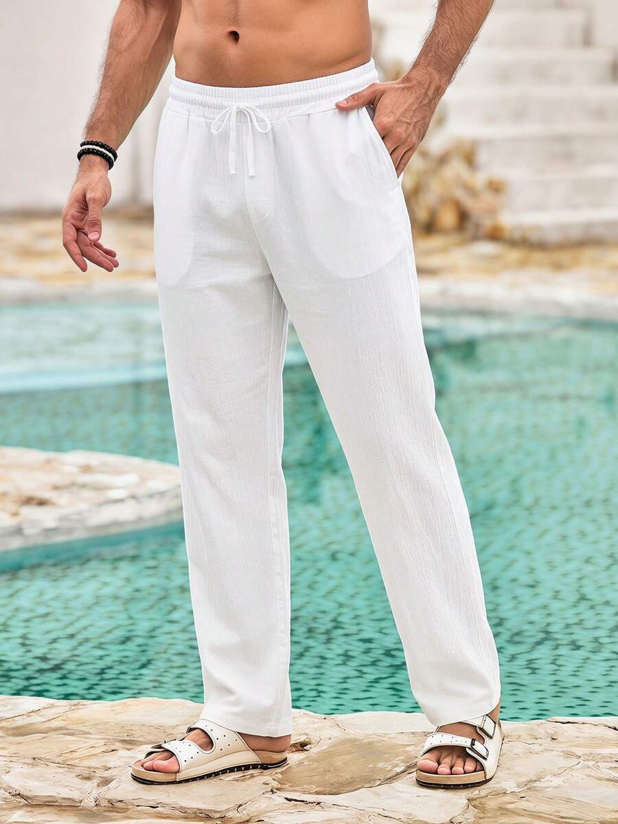 Mercer Haus Pantalones largos casuales sueltos de lino blanco tejido para hombres, adecuados para primavera/otoño/verano - Blanco - Ver 1