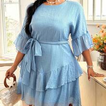 jianchaimaoyi02 FleurLily Vestido corto elegante y casual de oficina con cuello redondo, volantes en la cintura y cinturón, talla grande - Azul - Ver 7