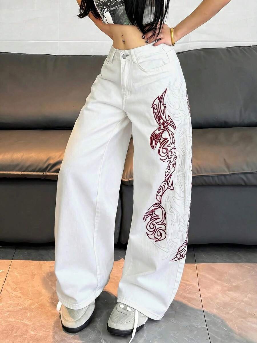 1件女款寬鬆刺繡寬腿牛仔褲，舒適休閒高街百搭丹寧長褲（不含腰帶/配件）白色