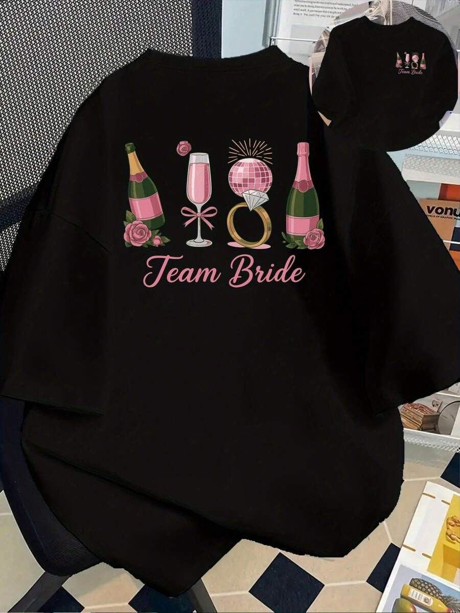 Double-Sided Printed Women's Cotton T-Shirt, Short-Sleeved Crew Neck Casual Top, Bridesmaid And Wedding Party Style, Fashionable, Versatile Summer Everyday Wear. - Black - View 1