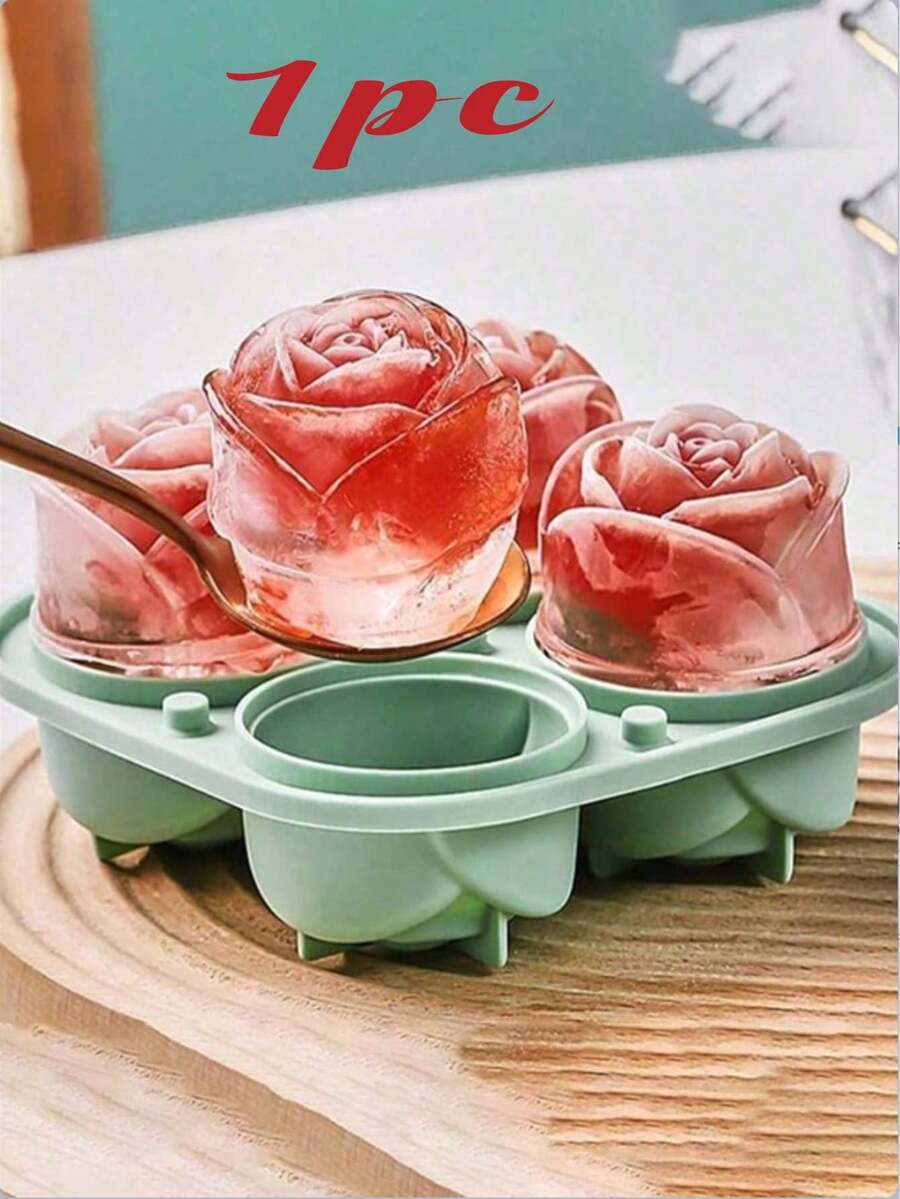 4-Cavity Rose Shaped Silicone Ice Cube Tray With Lid, 3D Rose Ice Ball Maker Mold, Suitable For Whiskey Cocktails And Romantic Occasions