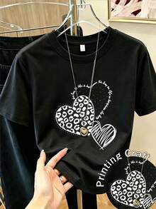 Women's Heart-Shaped Printed Short-Sleeved Shirts, Spring Wear, Holiday Wear, Summer White, Seaside Vacation Style, Country Style, Women's Office Wear. - 黑色 - 查看 10