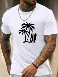 Camiseta azul para hombre con estampado de palmeras blancas y tablas de surf, camiseta casual de verano de manga corta y cuello redondo. - Negro - Ver 2