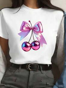 Blusa gráfica con bow de cereza para mujer, oto?o, tela premium, ajuste fácil, casual, transpirable - Blanco - Ver 1