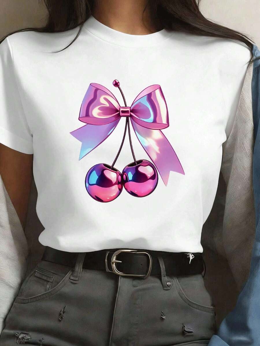 Blusa gráfica con bow de cereza para mujer, oto?o, tela premium, ajuste fácil, casual, transpirable - Blanco - Ver 1