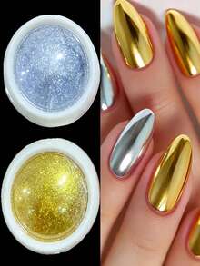 2Jar(1+1) Gold Sliver Metallic Mirror Nail Powders Set,Holographic Sparkling Laser Silvery Golden Nail Rubbing Dust Glitter Pigment,UV Gel Polish Mirror Powder, Powder DIY Nail Decoration Supplies - Multicolor - View 3