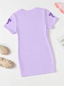 1pc Big Girl Round Neck Short Sleeve Dress, Printed With Number "67" Pattern, Summer New Style - Mauve Purple - View 3